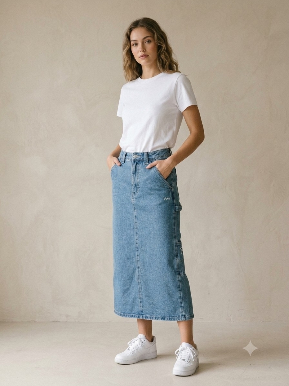OBEY Juniper Embroidered Denim Midi Skirt